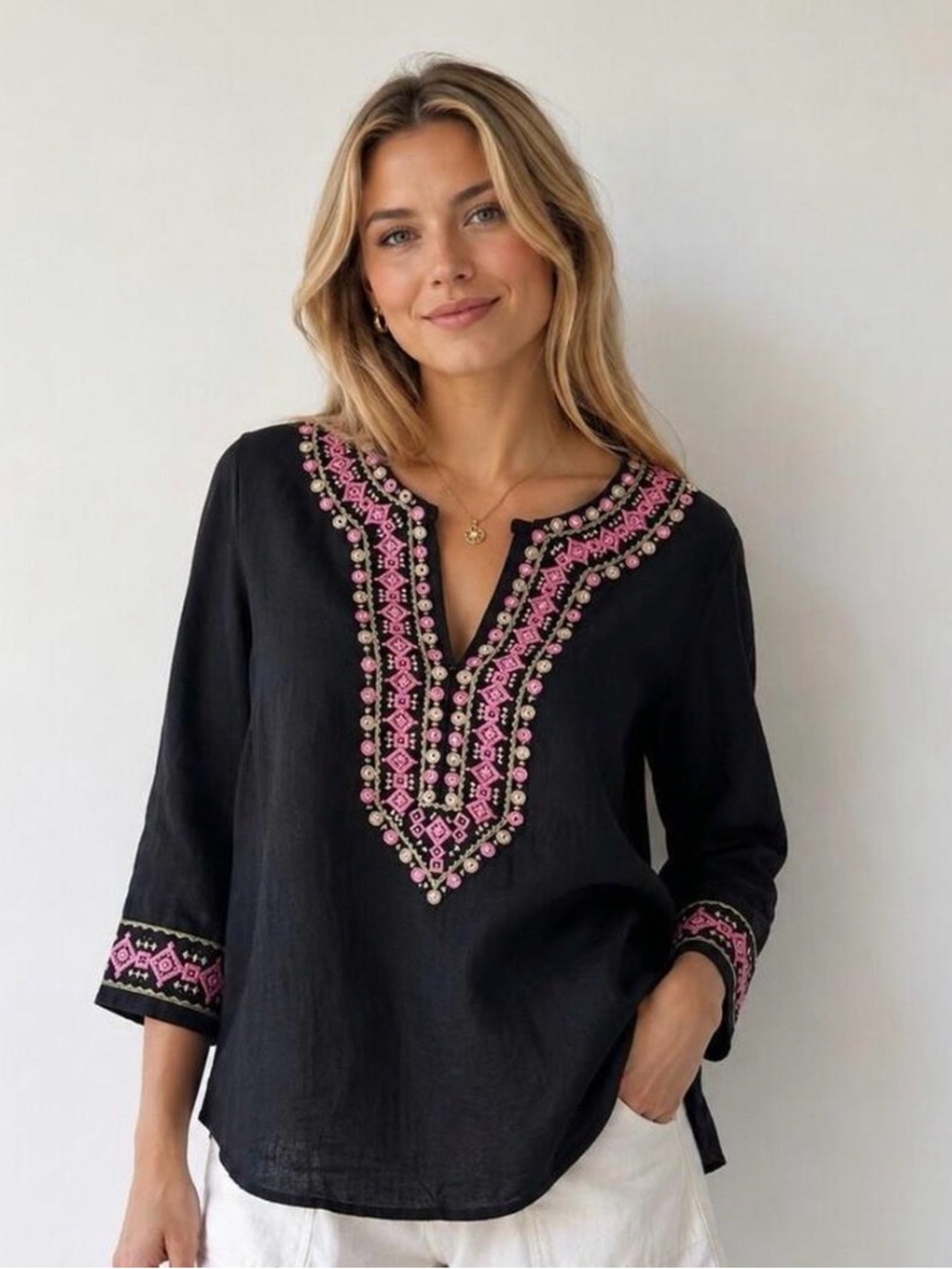 Carol Little Linen Pink Embroidered Black V-Neck Tunic Top  Medium